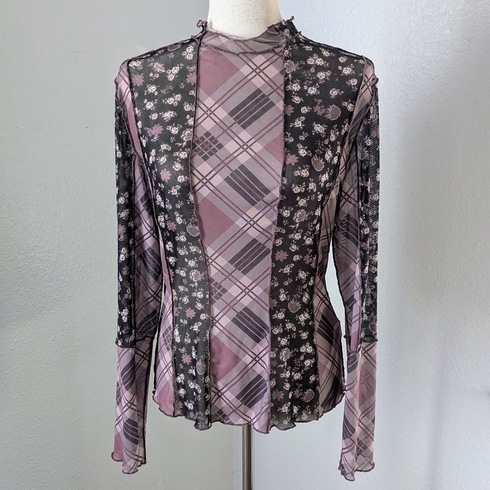 Patchwork Sheer Long Sleeve Top Floral Plaid Cottagecore Y2K Whimsygoth Grunge
